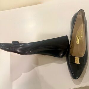 Salvatore Ferragamo Black Wedge Heels with Gold Accent